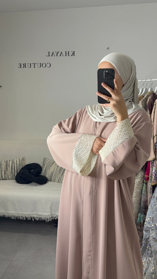 Abaya  beige taupe avec manches perlées